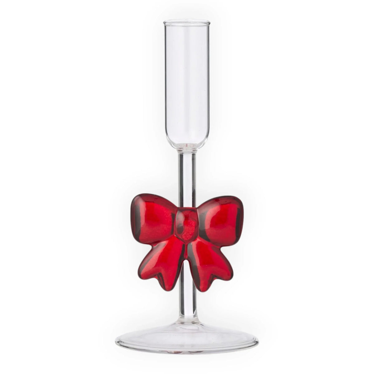 Clear glass candle holder with red bow accent, elegant home décor accessory