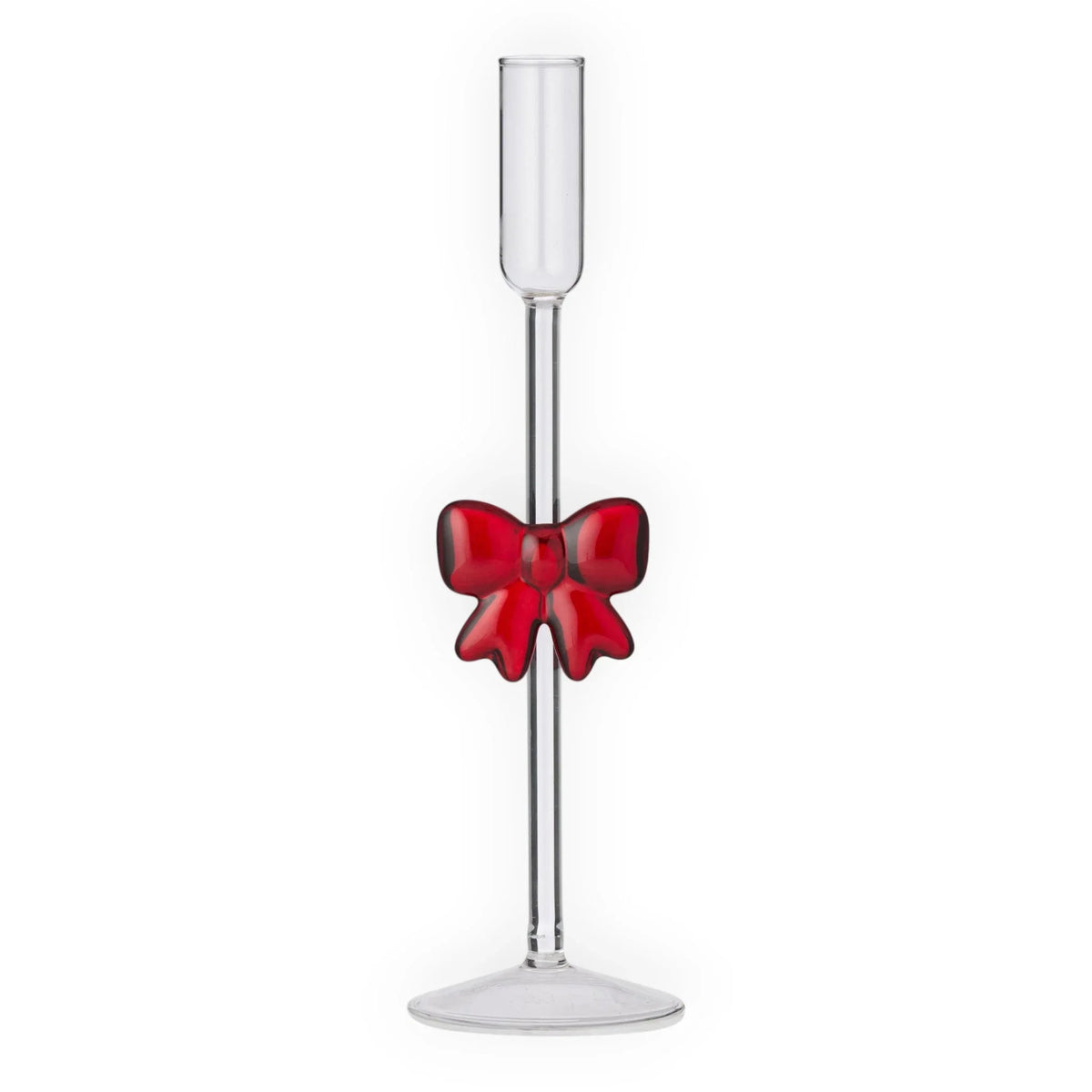 Clear glass candlestick holder with red bow accent, elegant home dΓ©cor accessory