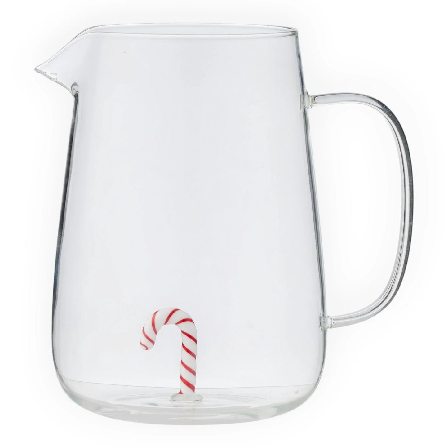 Clear glass pitcher with red and white candy cane, perfect for holiday home décor and festive entertaining.