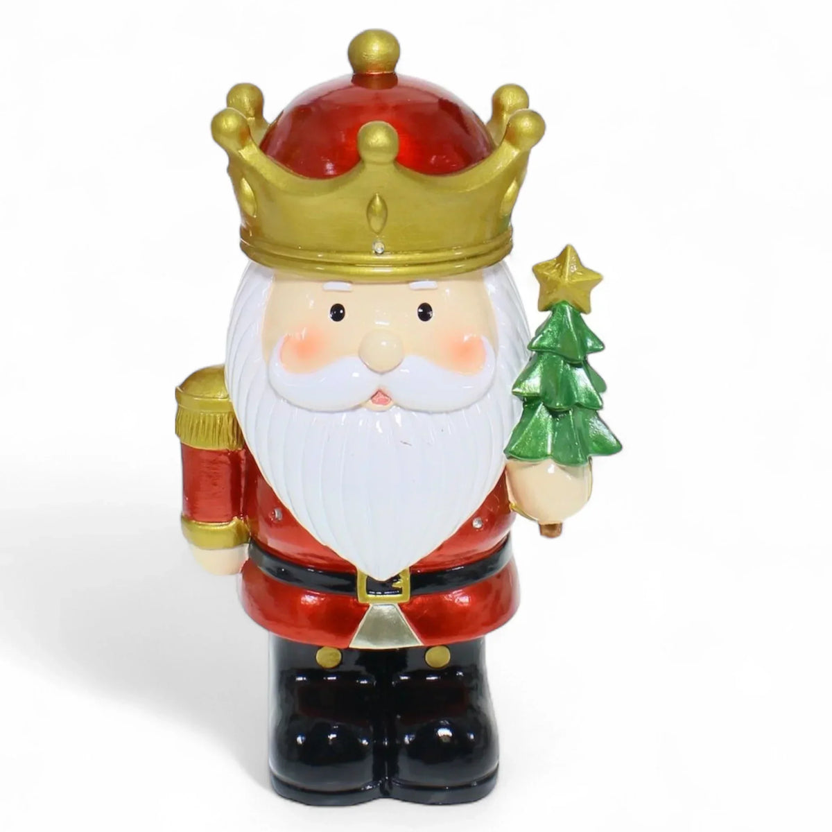 Festive Santa figurine with gold crown, red coat, holding mini Christmas tree, holiday home decor
