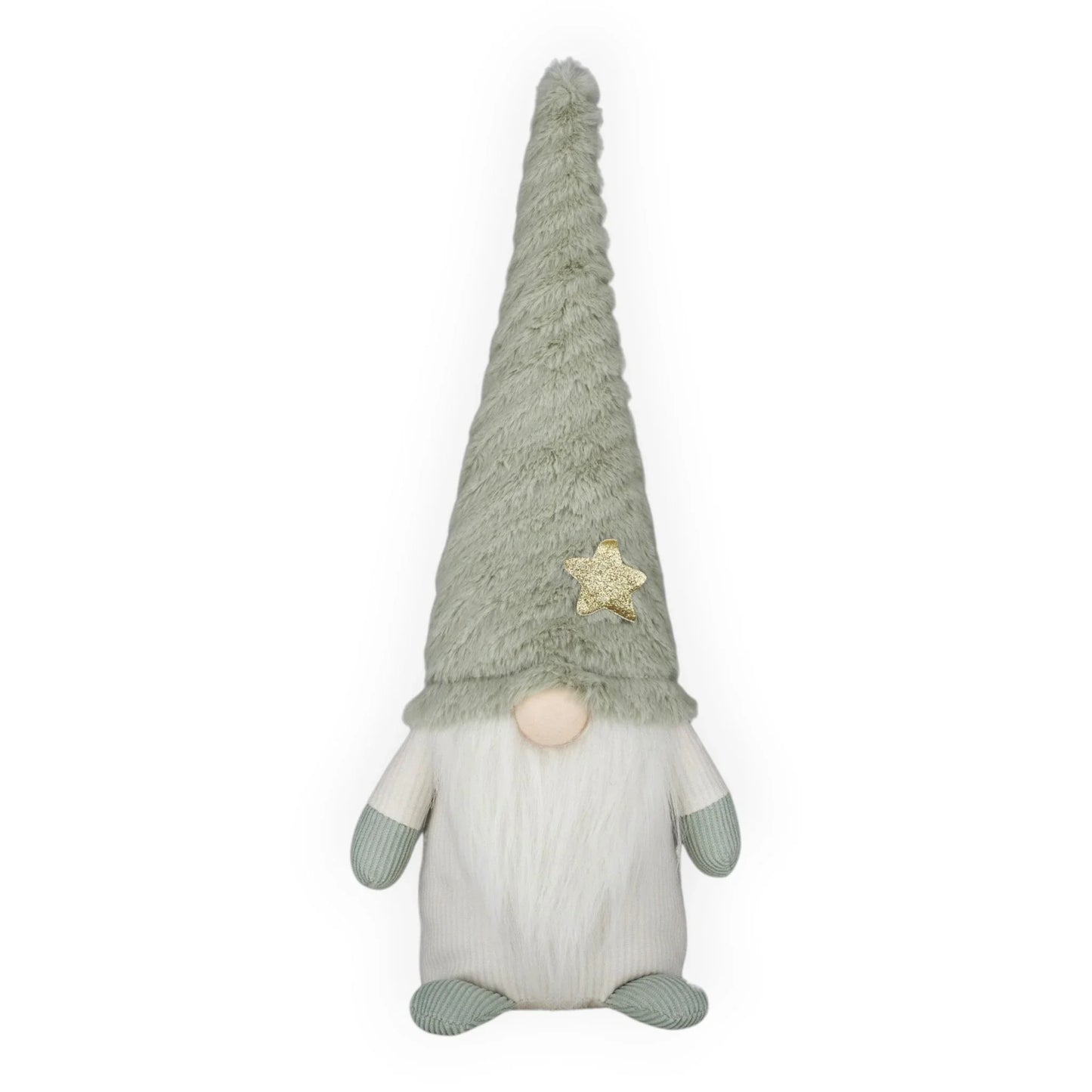 Soft sage green gnome with gold star hat, white beard & knitted cuffs, cozy home décor accent