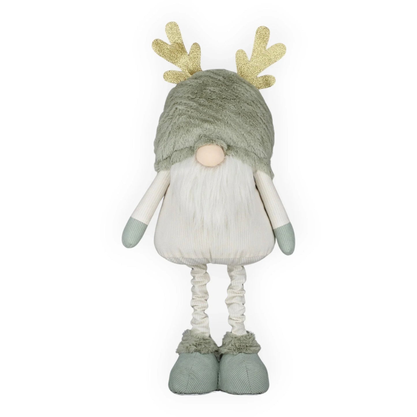 Plush reindeer gnome with gold glitter antlers, soft green hat, and cozy corduroy outfit for festive home décor