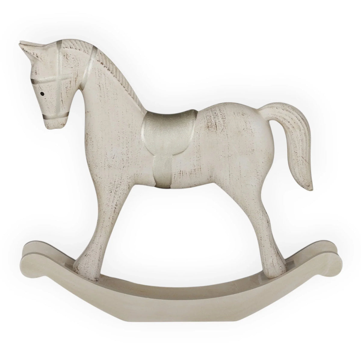 Distressed white wooden rocking horse for nursery decor, vintage-style home accent