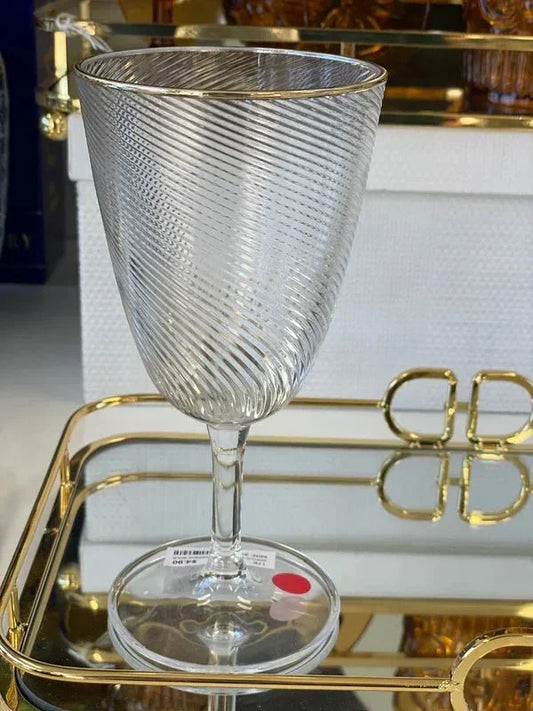 Acrylic Wine Glass Clear Stripe With Gold Rim - Exquisite Homewares