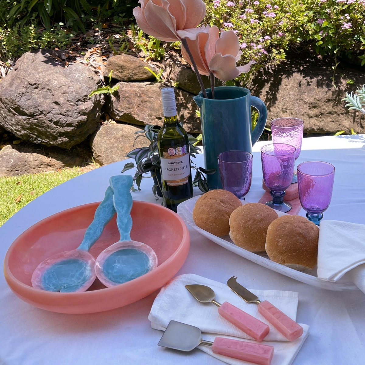 Athena Salad Servers - Blue with Pink - Exquisite Homewares