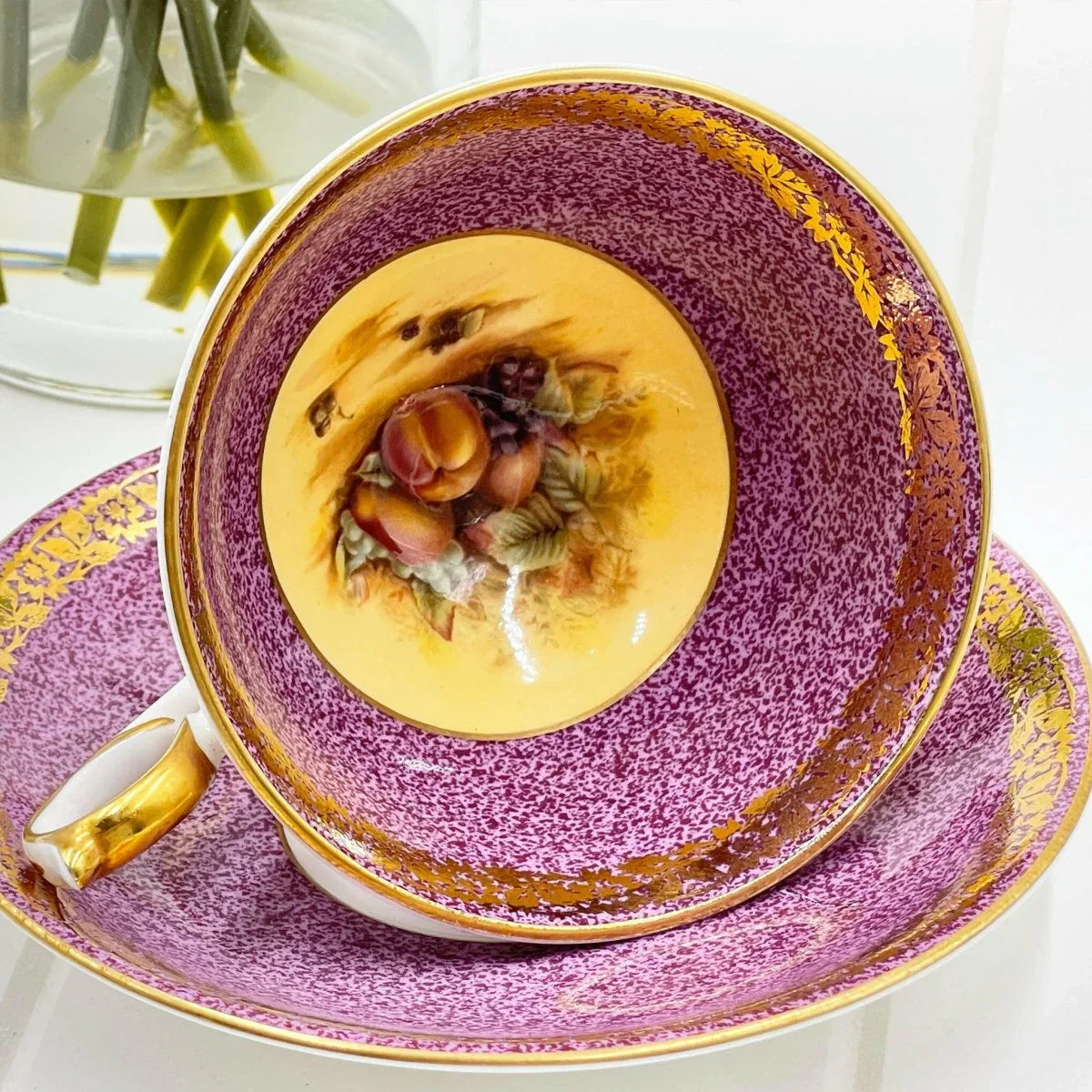 Aynsley Orchard Gold Mauve and Gold Cup and Saucer Duo - Exquisite Homewares