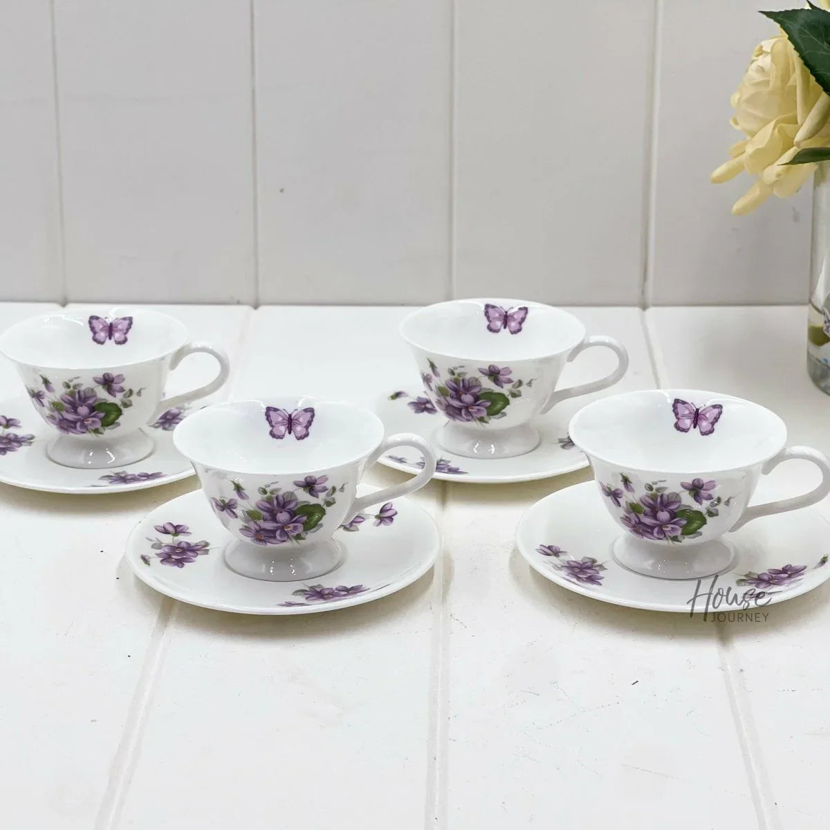 Aynsley Purple Violets Set 4 Demitasse Duos - Exquisite Homewares