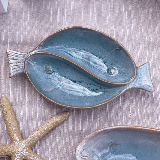 Coastal Blue Small Divided Fish Platter - Handcrafted Stoneware - Exquisite Homewares