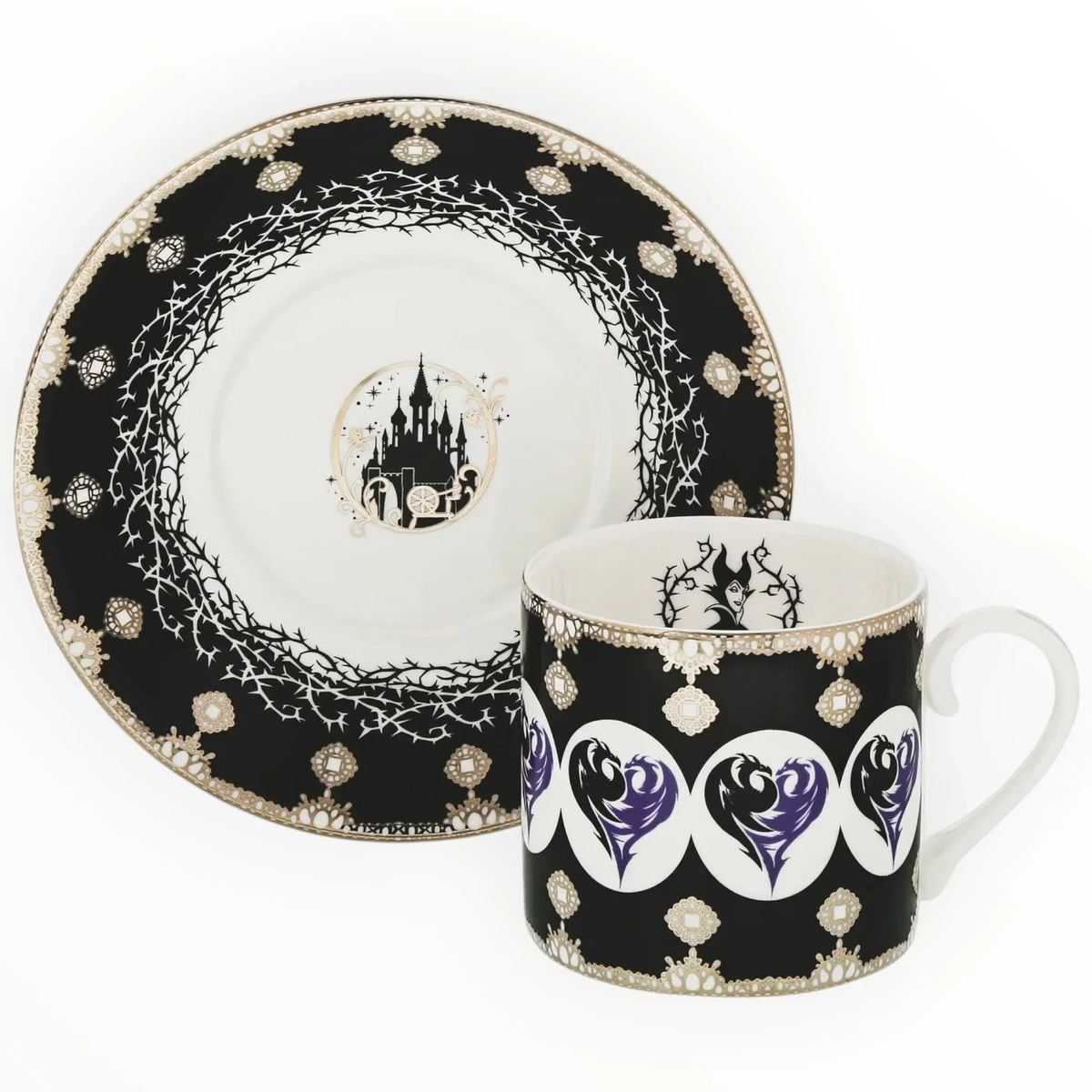 Maleficent-themed black and gold mug and plate set with castle and thorn designs, elegant home décor
