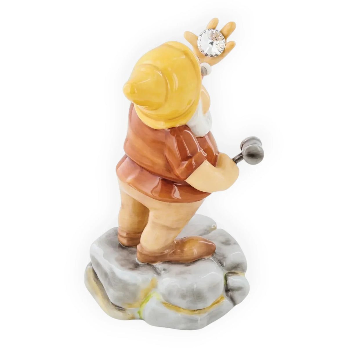 Ceramic gnome figurine holding crystal gem, vintage home décor accent with rustic charm