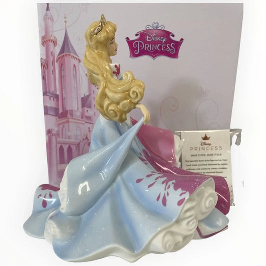 Disney Princess Aurora porcelain figurine in blue and pink gown, elegant home décor collectible