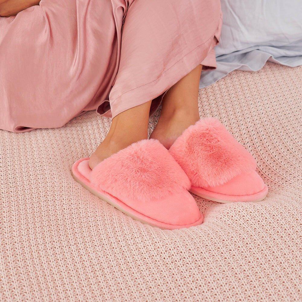 Pom Pom Slippers – Cosy Luxe – Coral Pink - Exquisite Homewares