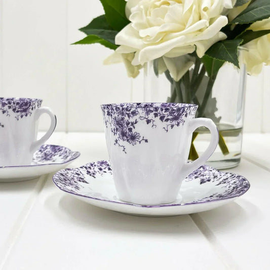 Shelley Vintage Dainty Mauve Demitasse Coffee Cup and Saucer Duo - Exquisite Homewares