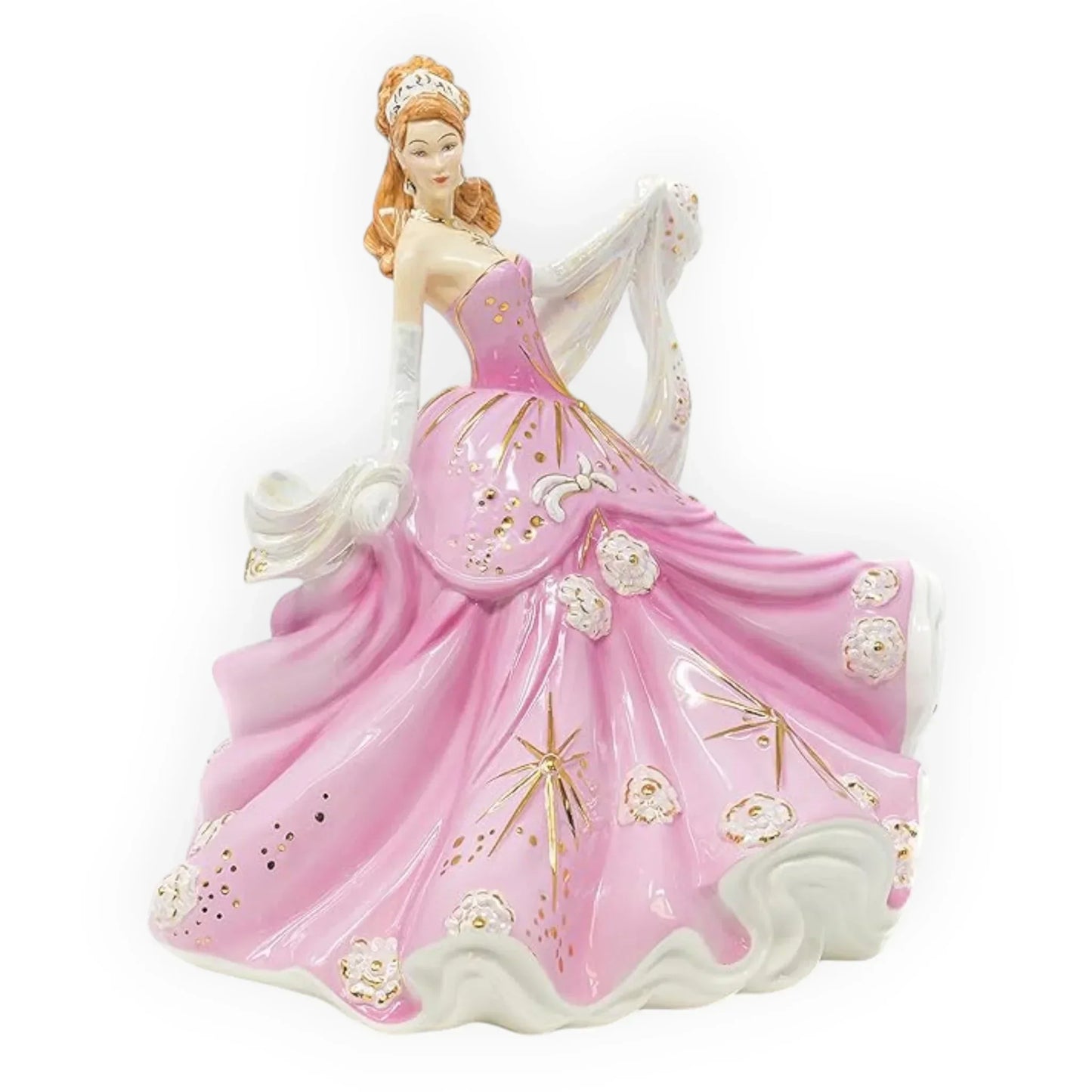 Elegant porcelain princess figurine in pink gown with gold accents, perfect for home décor and vintage collections.