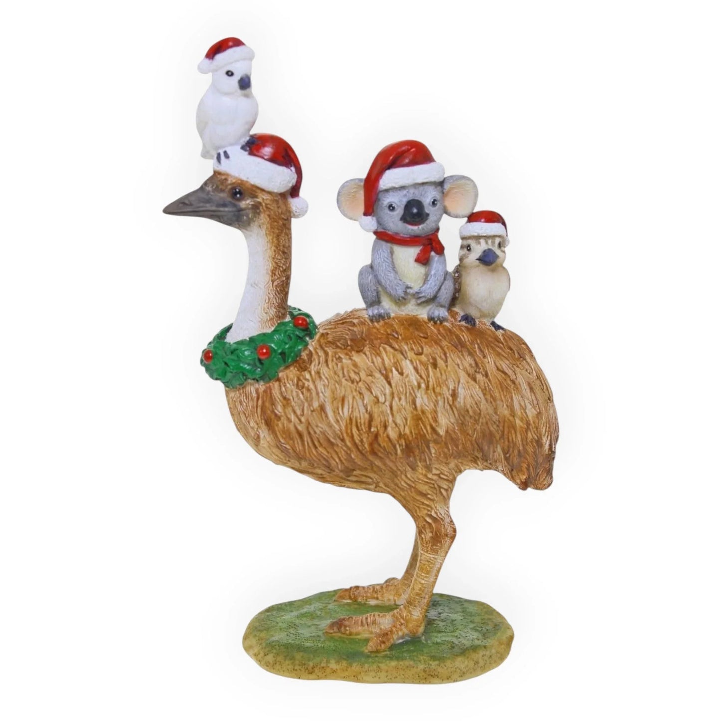 Festive Australian Christmas figurine with emu, koala, and cockatoos in Santa hats, holiday wreath decor