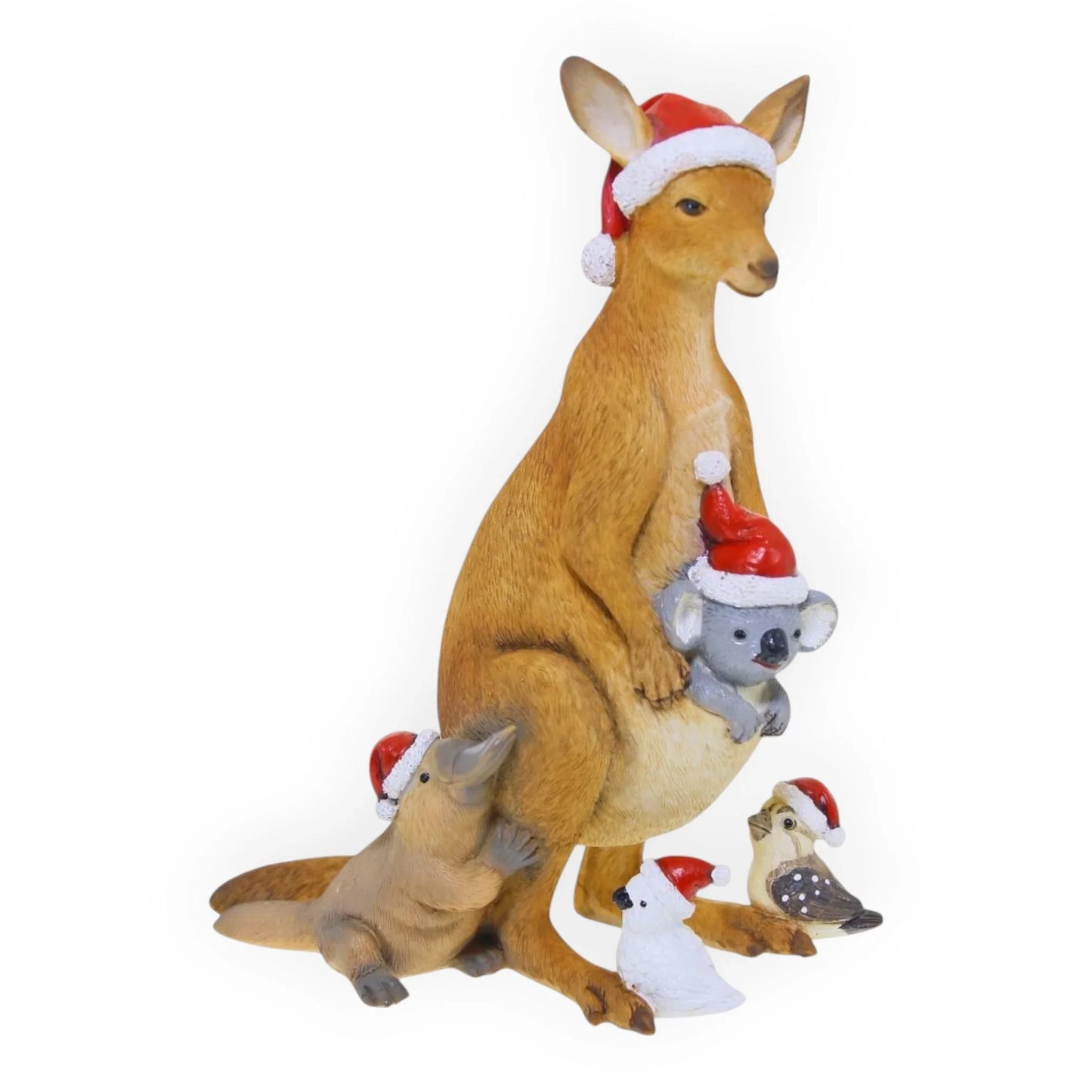 Kangaroo with koala, platypus, cockatoo & kookaburra in Santa hats — festive Australian animal figurine set
