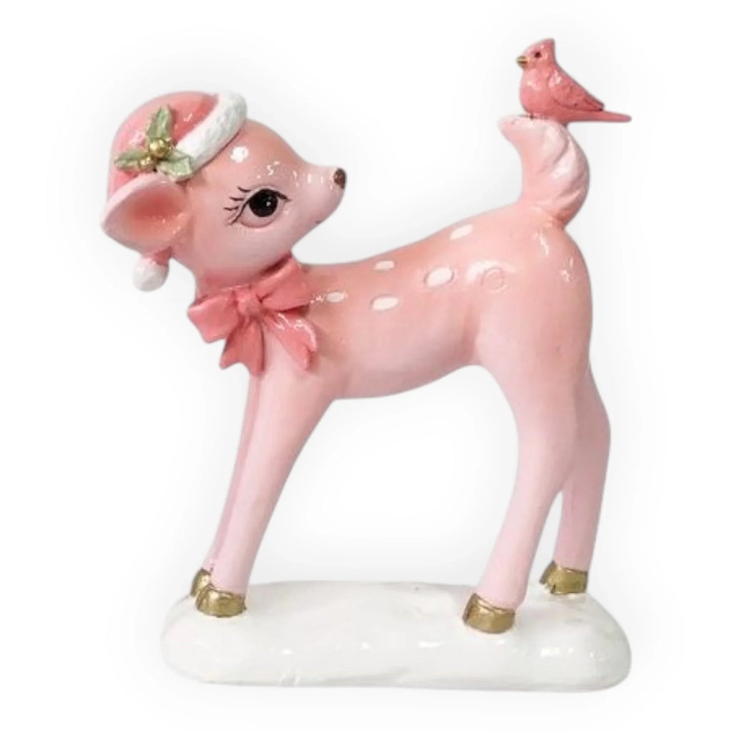 Pink ceramic deer figurine with Santa hat, bow, and bird perched on tail, vintage home décor