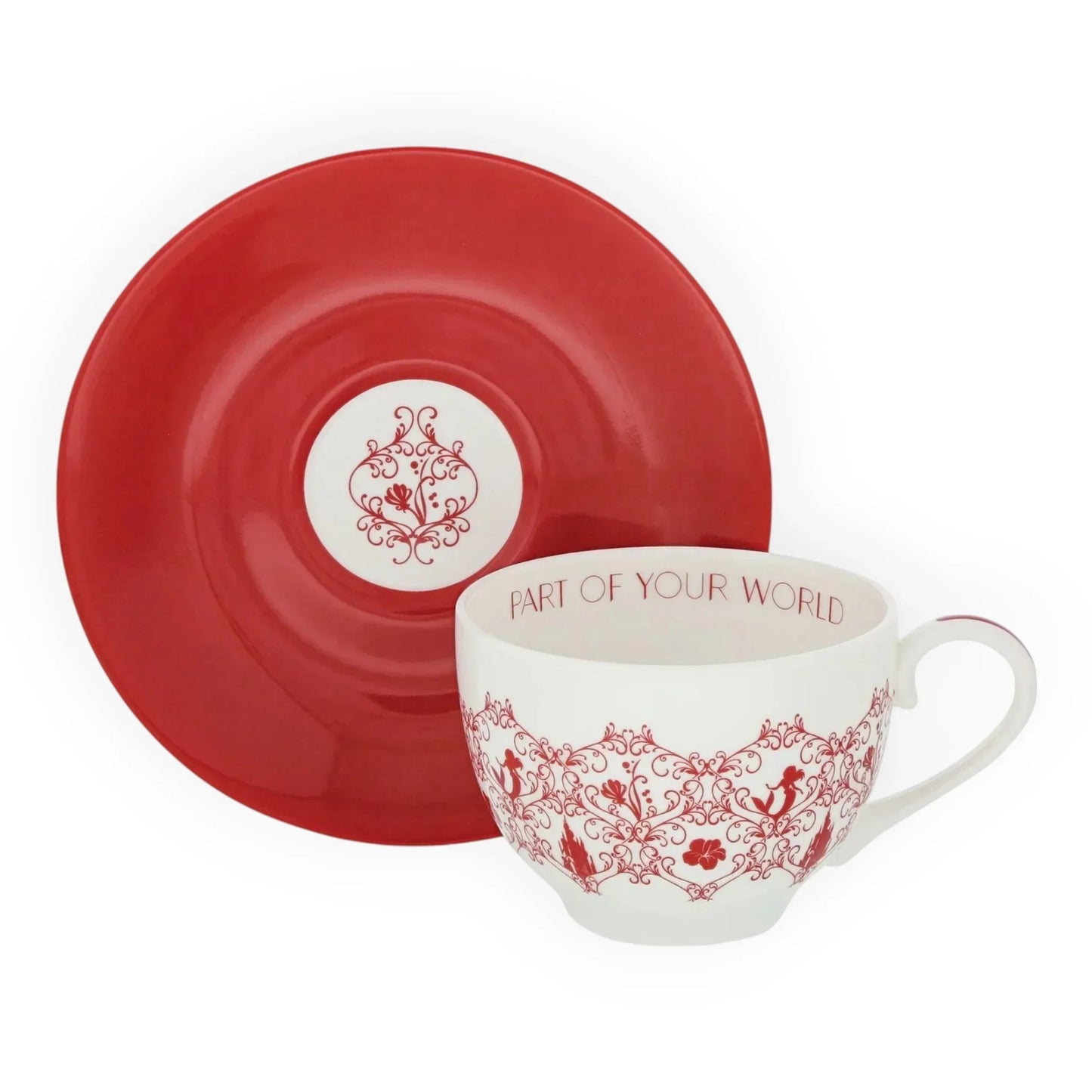 White teacup with red ornate mermaid design and 'PART OF YOUR WORLD' text, paired with matching red saucer