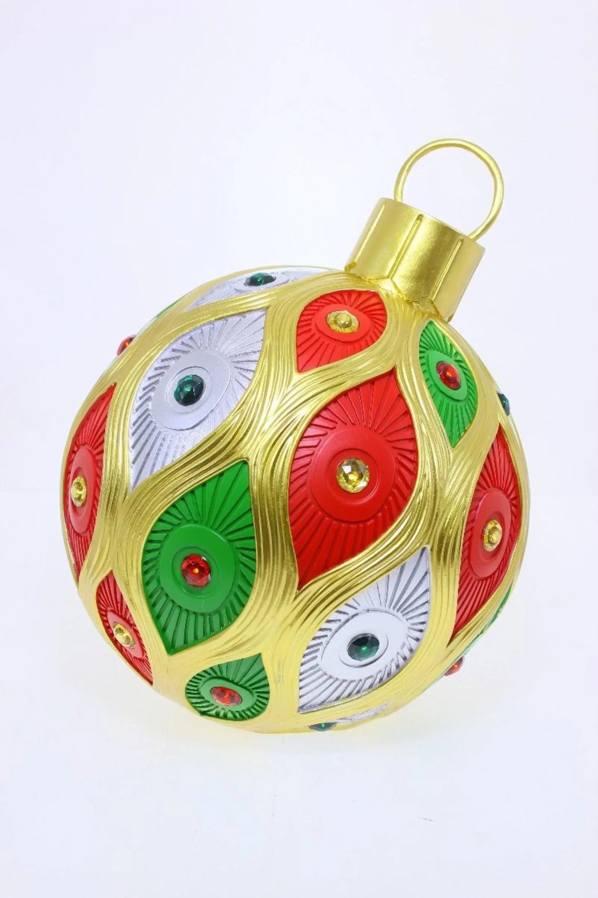 Luxury Christmas ornament with red, green, and gold geometric design, perfect for festive home décor