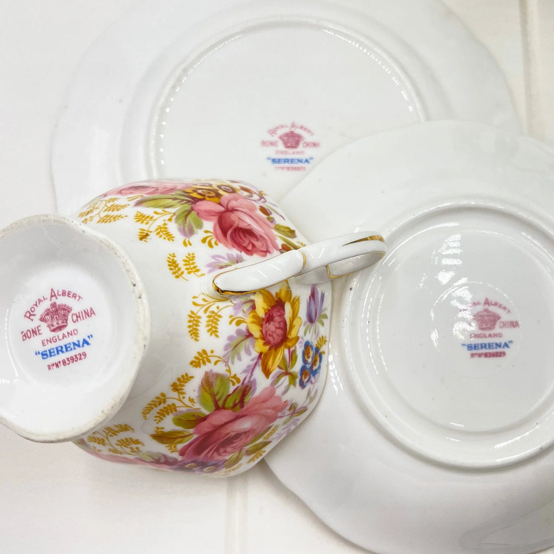 Vintage Royal Albert Serena bone china tea set showing backstamps and maker's marks