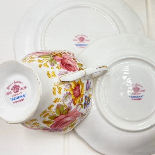 Vintage Royal Albert Serena bone china tea set showing backstamps and maker's marks