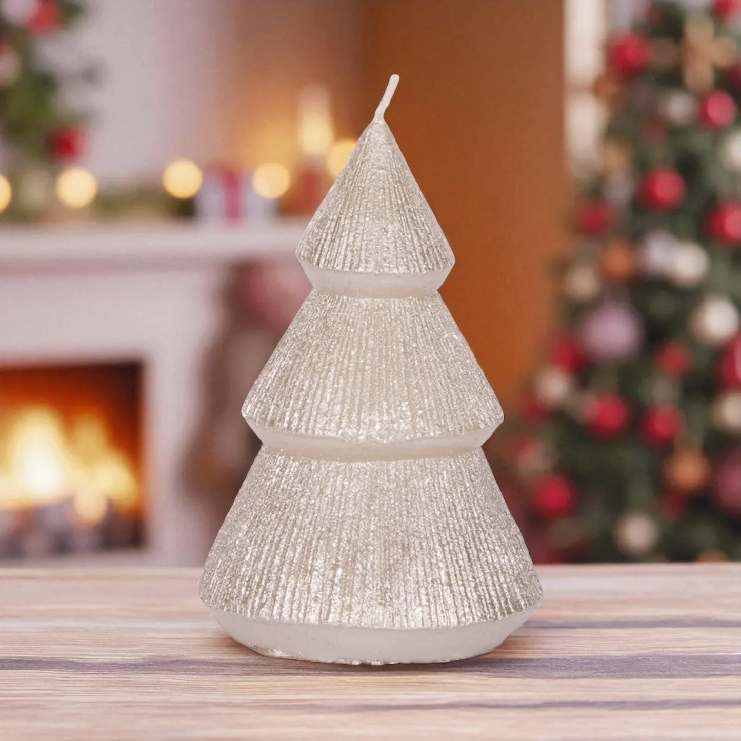 13.5cm Champagne Ribbed Tree Candle