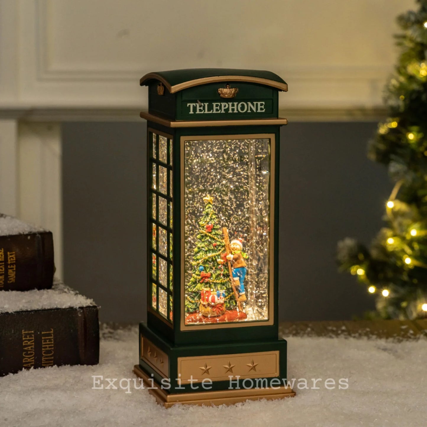 Musical Retro Telephone Booth Christmas Tree Snow globe with Music - 24.8x10.4x10.4cm