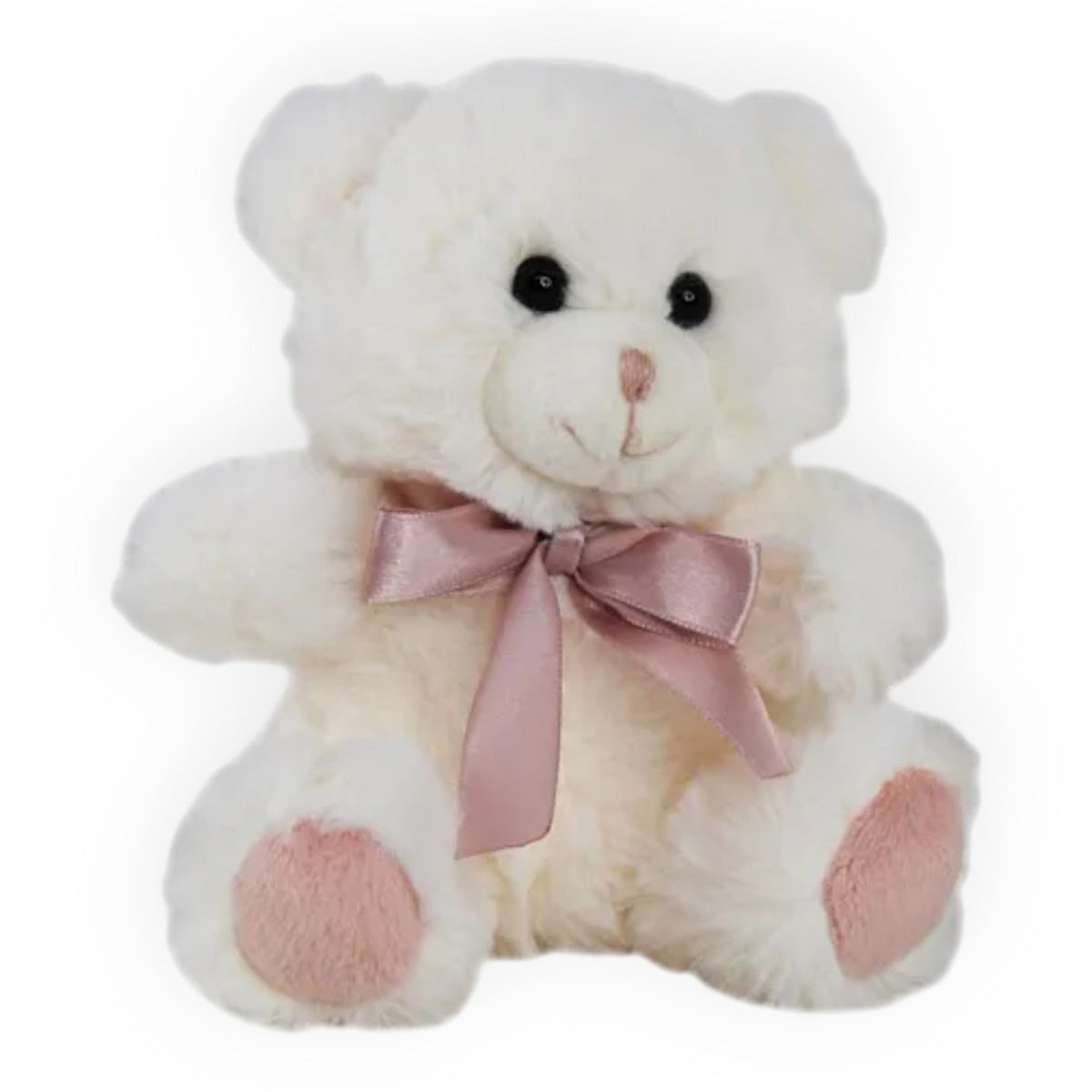 A white plush teddy bear with black eyes, a pink nose, pink paw pads, and a dusty pink satin bow around its neck, set against a plain white background.