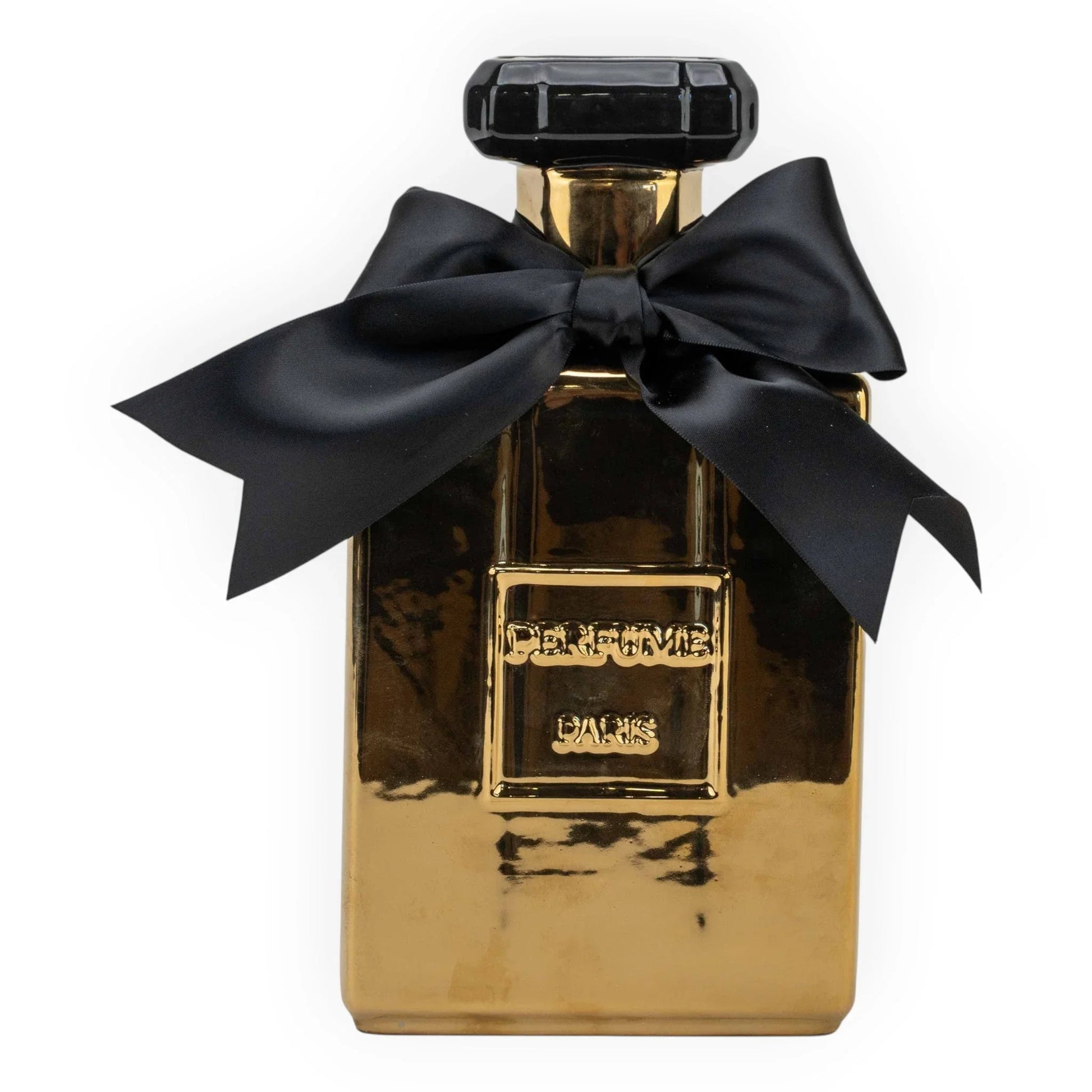 Luxury gold perfume bottle with black satin bow, elegant home decor accessory