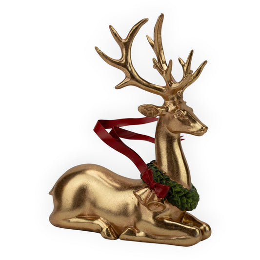 Gold Sitting Red Metal Ribbon Deer - 22cm