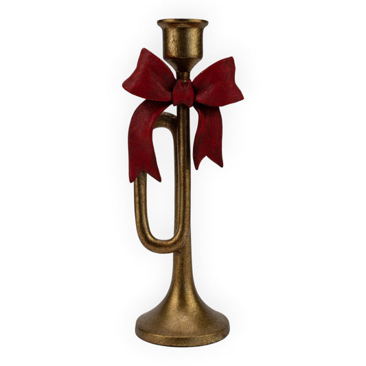 Gold Trumpet Red Bow Candle Holder - 26cm