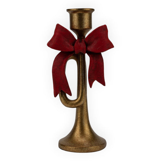 Gold Trumpet Red Bow Candle Holder - 20cm