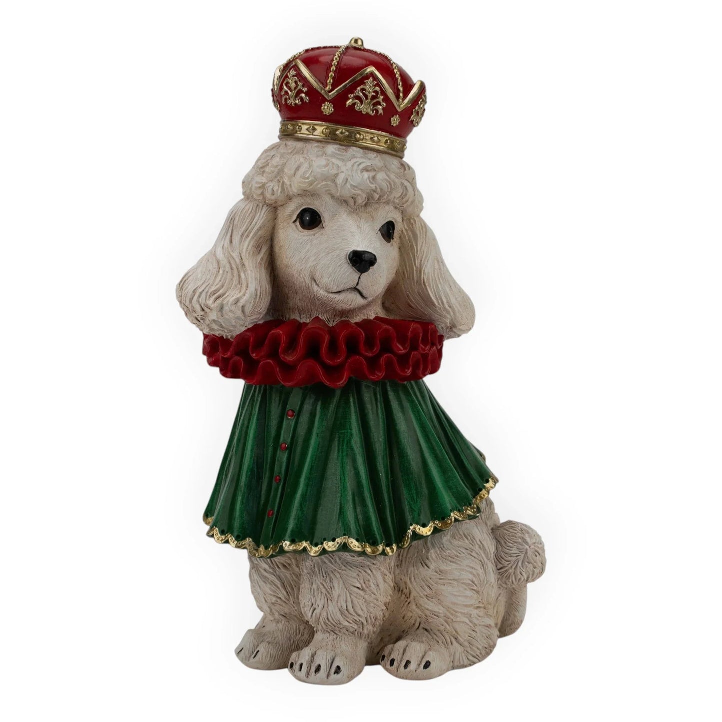 Regal poodle figurine in green dress, red ruffle, and gold crown — elegant home décor accent