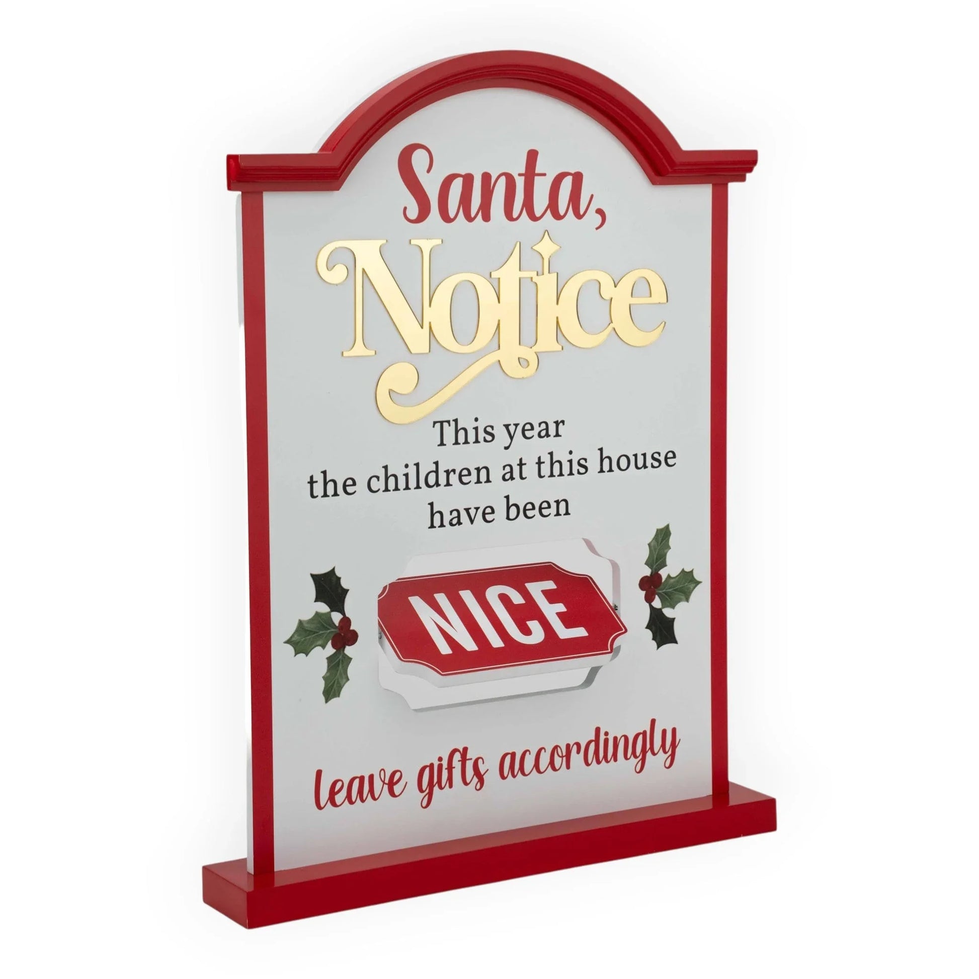 Santa Notice sign with 'Nice' toggle, red frame, holly accents — festive Christmas home décor