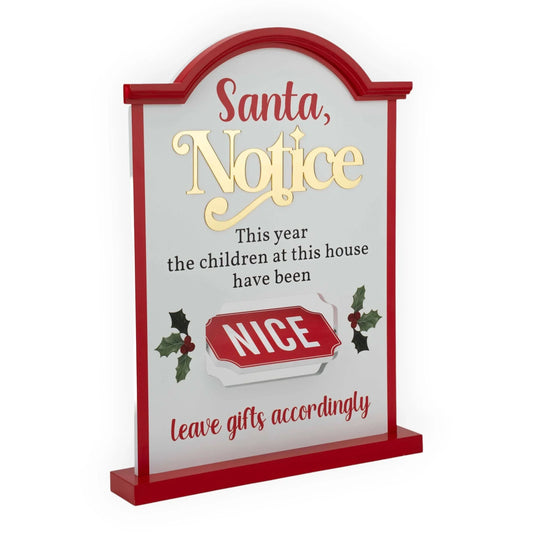 Santa Notice sign with 'Nice' toggle, red frame, holly accents — festive Christmas home décor