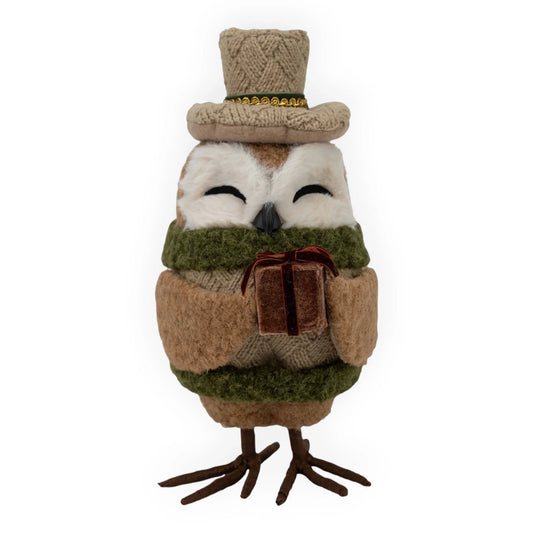 Charming owl figurine in knitted hat and scarf holding a velvet gift box, perfect for home décor