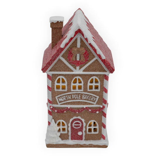 Gingerbread Red White LED Bakery - 18cm