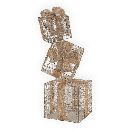 Illuminated Gold Beaded Gift Stack - 75cm