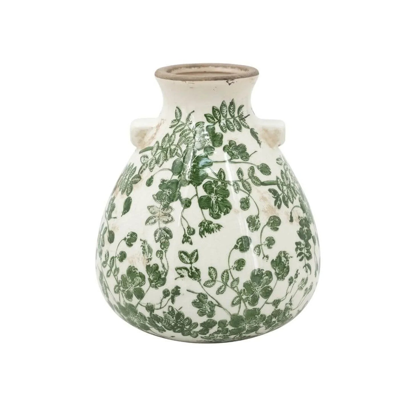 White ceramic vase with green floral vine pattern, vintage-style home decor accent piece