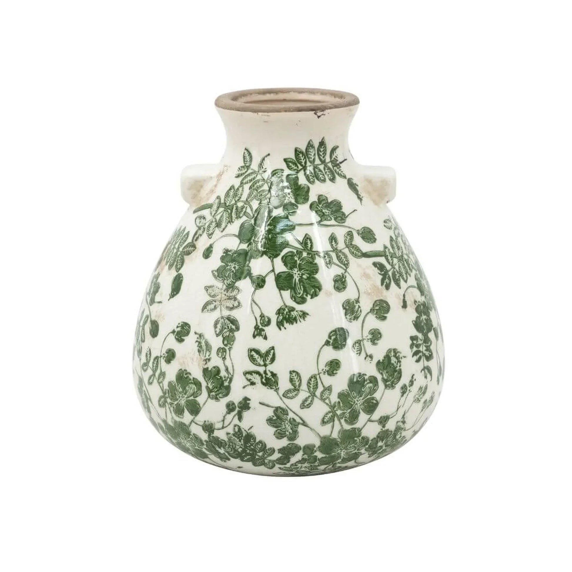 White ceramic vase with green floral vine pattern, vintage-style home decor accent piece