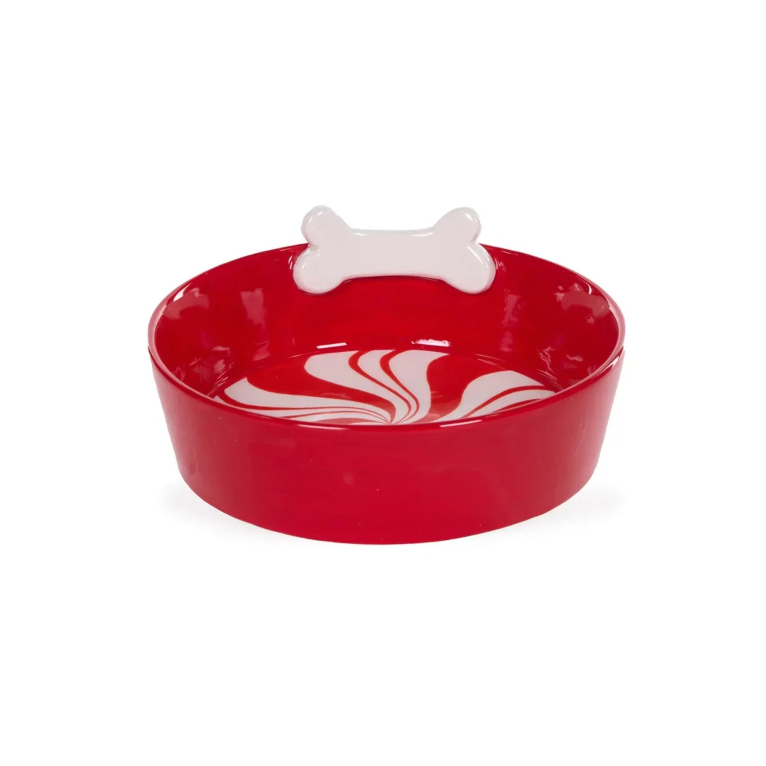Red ceramic dog bowl with white bone handle and swirl design, pet feeding accessory