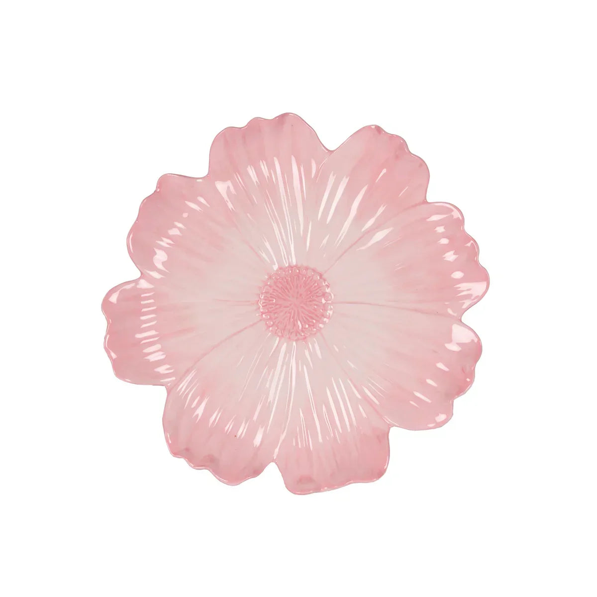 Pink ceramic flower-shaped plate with scalloped edges, elegant home décor accent piece