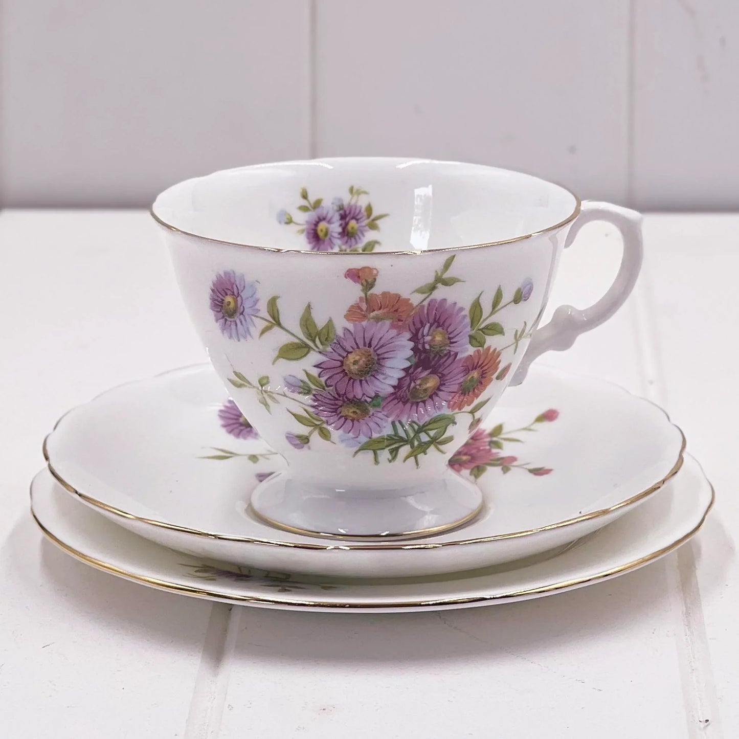 Hammersley Trio - English Bone China Purple Asters Perfect Condition