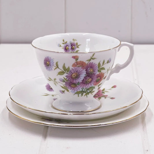 Hammersley Trio - English Bone China Purple Asters Perfect Condition