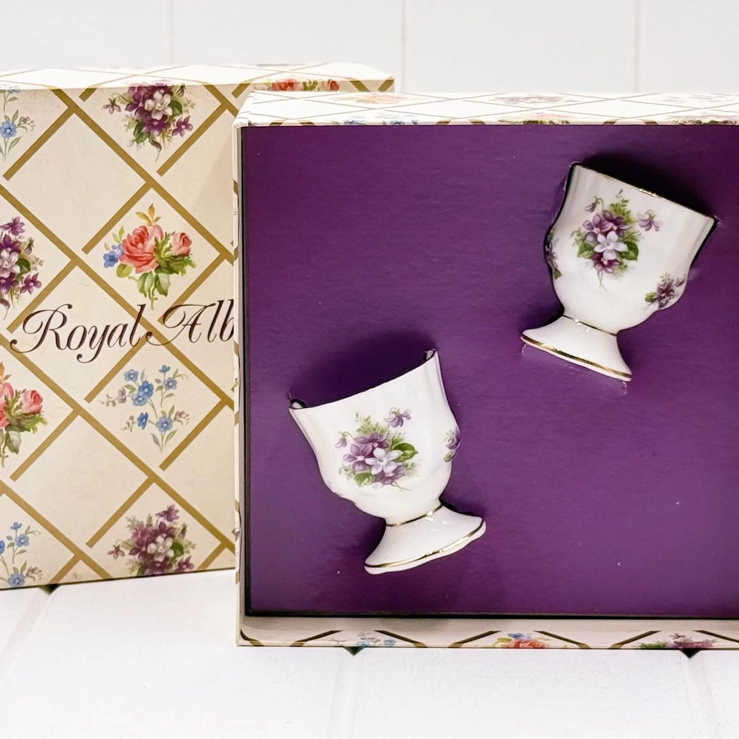Royal Albert floral egg cups in gift box, vintage porcelain with purple flowers, elegant home decor