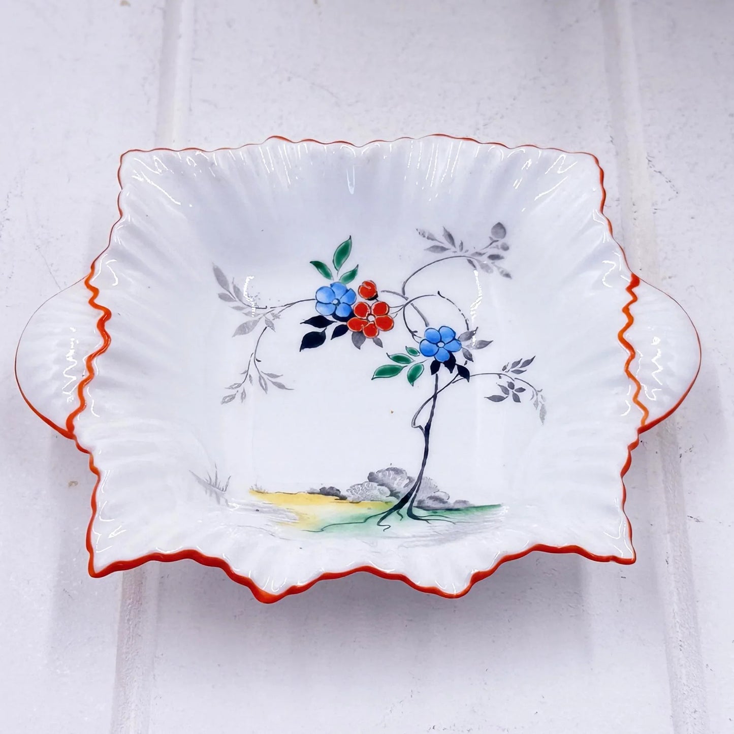 Shelley Hand-Painted Floral Dish with Orange Trim