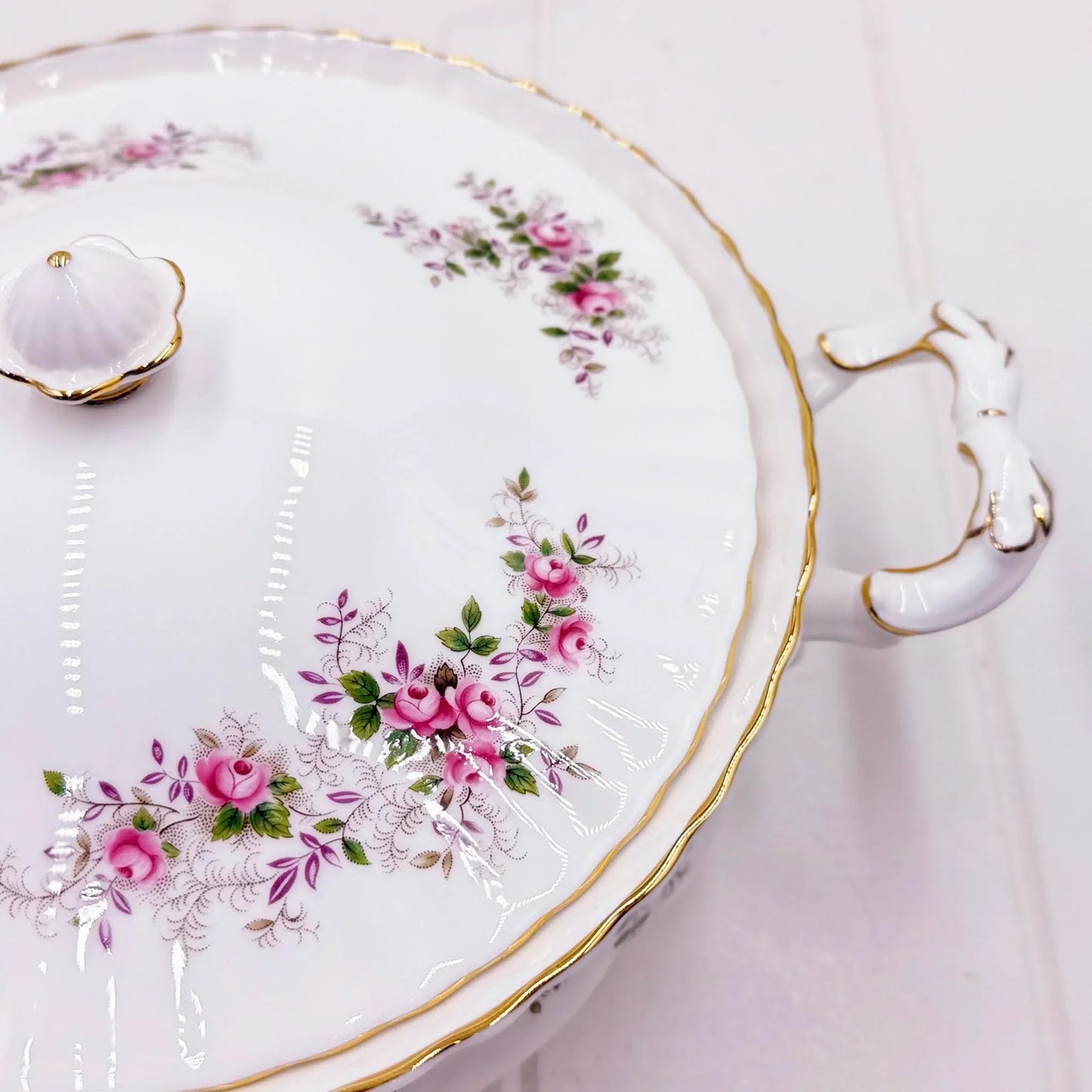 Elegant porcelain teapot with pink rose floral design and gold trim, vintage home décor accent