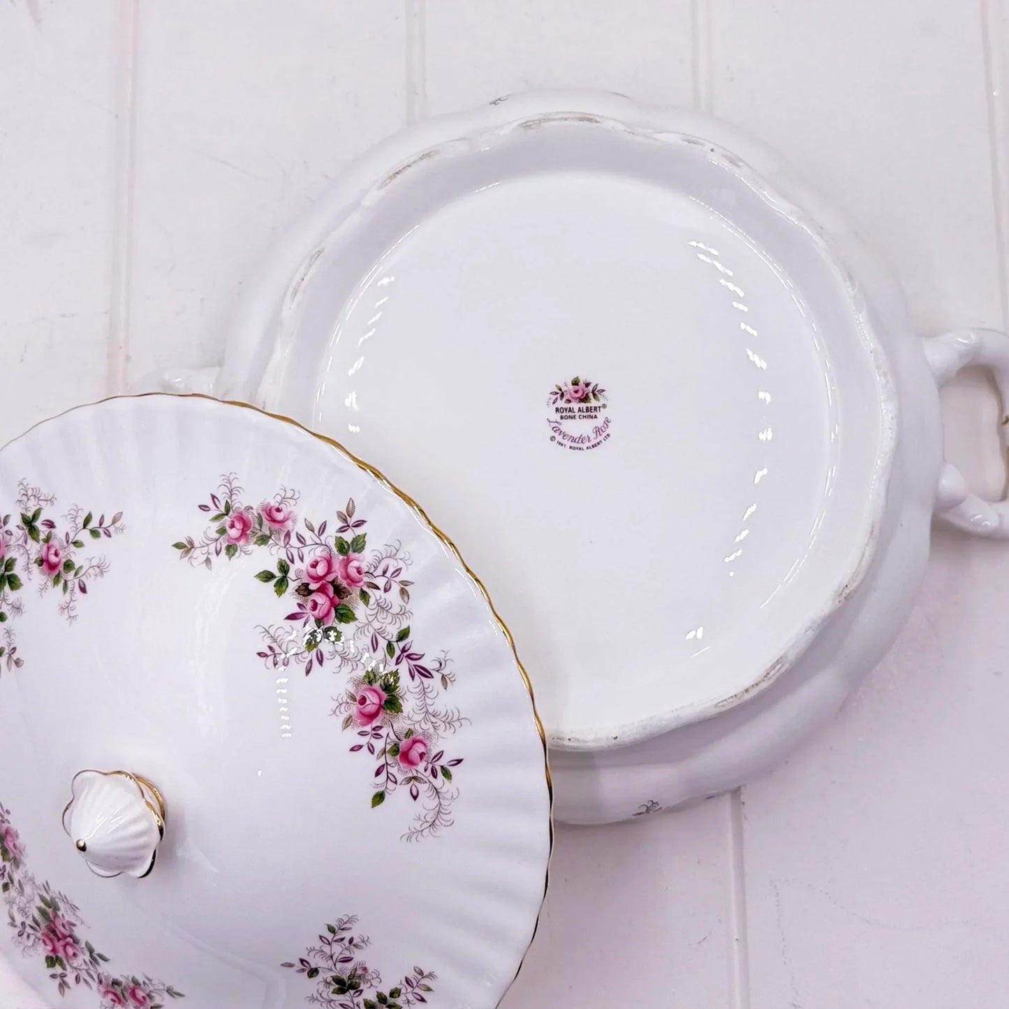 Royal Albert Lavender Rose bone china covered dish with pink floral design and gold trim, vintage homeware