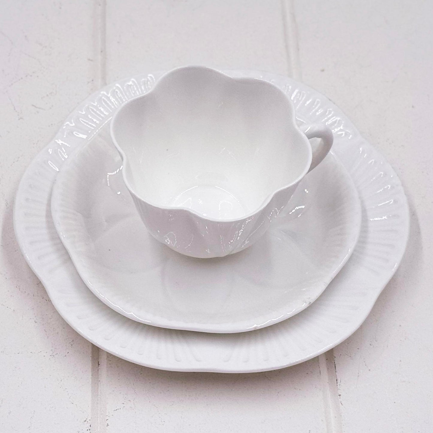 Shelley Dainty White Trio — Teacup, Saucer & Side Plate, Vintage Bone China, Made in England