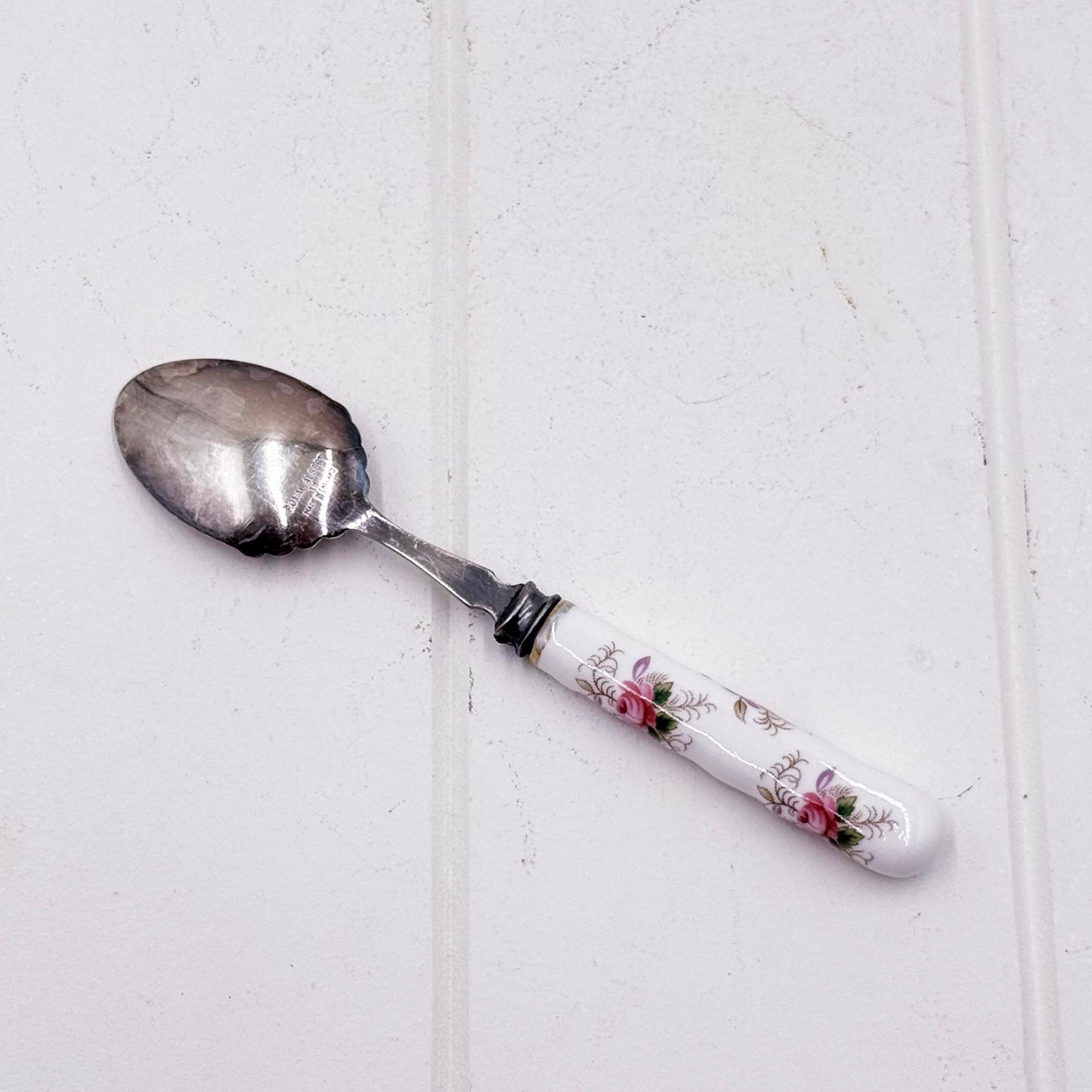 Royal Albert Lavender Rose Jam Spoon — Vintage Silver Plate & Porcelain Handle, Made in England